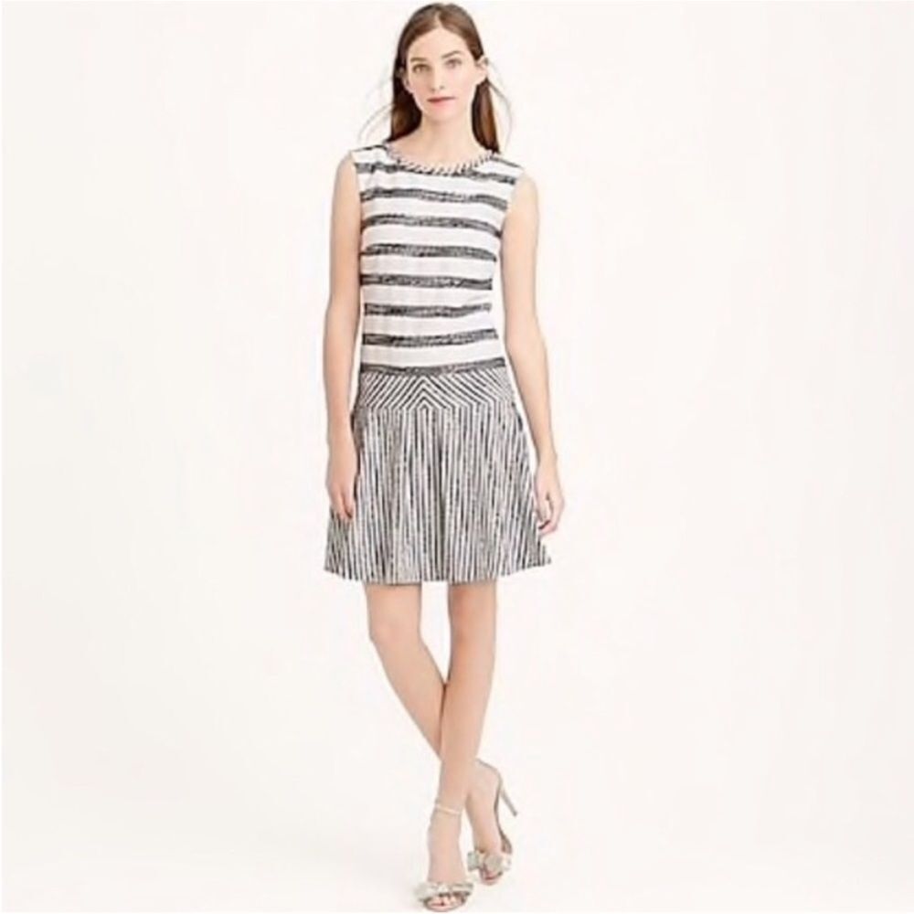 J. Crew Tweed Drop Waist Flounce Sleeveless Dress Black White Striped Sz 0 NWOT